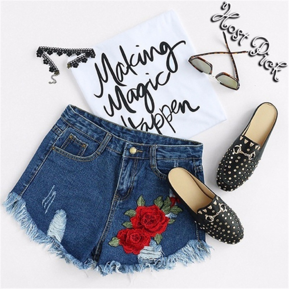 Host PickFloral Embroidered Frayed Jean Shorts